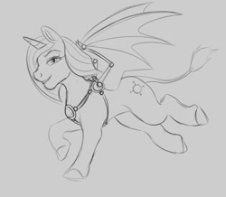 Size: 900x785 | Tagged: safe, artist:bunsketches, derpibooru import, oc, unicorn, artificial wings, augmented, gray background, leonine tail, mechanical wing, monochrome, simple background, sketch, smiling, solo, technically alicorn, wings