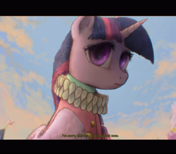 Size: 3612x3163 | Tagged: safe, artist:plotcore, derpibooru import, twilight sparkle, twilight sparkle (alicorn), alicorn, pony, school daze, clothes, female, jester dress, ruff (clothing), solo, subtitles