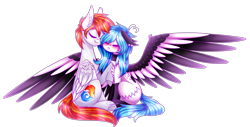 Size: 3658x1865 | Tagged: safe, artist:honeybbear, derpibooru import, oc, oc only, oc:beatz, oc:heartfire, pegasus, pony, clothes, colored wings, cuddling, duo, ear fluff, ear piercing, eyes closed, female, floppy ears, male, mare, piercing, simple background, sitting, socks, spread wings, stallion, transparent background, two toned wings, wings