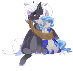 Size: 1024x996 | Tagged: safe, artist:pvrii, derpibooru import, oc, oc:midnight radiance, bat pony, pony, bat pony oc, clothes, female, male, mare, oc x oc, scarf, shipping, simple background, smiling, stallion, straight, transparent background