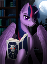 Size: 2473x3389 | Tagged: safe, artist:dezdark, derpibooru import, twilight sparkle, twilight sparkle (alicorn), alicorn, vampire, book, bookcase, cloud, curved horn, ear piercing, fangs, horn, looking at you, moon, night, piercing, skull, sky, wings