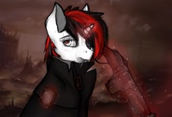 Size: 1055x719 | Tagged: safe, artist:s.l.guinefort, derpibooru import, oc, oc only, oc:blackjack, pony, unicorn, fallout equestria, fallout equestria: project horizons, alcohol, bust, cigarette, clothes, coat, drink, flask, glowing horn, gun, magic, portrait, ruins, smoking, solo, telekinesis, weapon