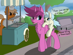 Size: 1024x768 | Tagged: safe, artist:aurorafang, derpibooru import, oc, oc:aurorafang, oc:aurorascript, unicorn, father and child, father and daughter, female, filly, flurora, food, ice cream, male, parent and child, parent:oc:aurorafang, parent:oc:flurry, parents:flurora, park, stallion, stroll