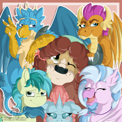 Size: 1500x1500 | Tagged: safe, artist:missydakota, derpibooru import, gallus, ocellus, sandbar, silverstream, smolder, yona, changedling, changeling, classical hippogriff, dragon, earth pony, griffon, hippogriff, pony, yak, school daze, dragoness, female, looking at you, peace sign, smiling, student six