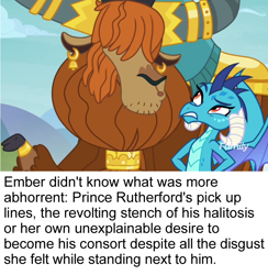 Size: 922x944 | Tagged: safe, derpibooru import, screencap, prince rutherford, princess ember, yak, school daze, cloven hooves, disgusted, female, flirting, halitosis, male, ponestrip, smell