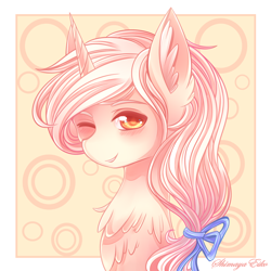 Size: 2000x2000 | Tagged: safe, artist:shimayaeiko, derpibooru import, oc, unicorn, abstract background, cute, hair ribbon, solo