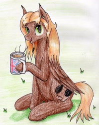 Size: 1801x2258 | Tagged: safe, artist:40kponyguy, derpibooru exclusive, derpibooru import, oc, oc only, oc:mellow rhythm, pegasus, pony, cup, cutie mark, ear fluff, facial hair, goatee, grass, hoof hold, looking at you, male, requested art, solo, stallion, teacup, traditional art, union jack