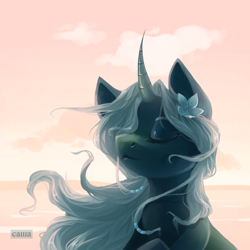 Size: 2952x2952 | Tagged: safe, artist:domidelance, derpibooru import, oc, oc only, pony, unicorn, bust, cloud, curved horn, evening, eyes closed, female, flower, flower in hair, mare, ocean, sky, solo, wind, windswept mane