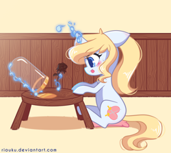 Size: 1024x913 | Tagged: safe, artist:riouku, derpibooru import, oc, oc only, oc:crystal summer, pony, unicorn, age spell, colored pupils, female, floppy ears, flower, indoors, magic, mare, sitting, solo, table, telekinesis, tongue out