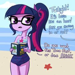 Size: 1650x1650 | Tagged: safe, artist:tjpones, derpibooru import, sci-twi, twilight sparkle, better together, equestria girls, forgotten friendship, beach, book, clothes, dialogue, geode of telekinesis, glasses, nerd, offscreen character, one-piece swimsuit, ponytail, solo, swimsuit, water