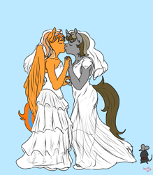 Size: 671x767 | Tagged: safe, artist:geier, derpibooru import, oc, oc:cold front, oc:disty, anthro, human, mouse, pegasus, clothes, couple, crossdressing, dress, gay, hand, holding hands, kissing, male, shoes, signature, tail, veil, wedding dress