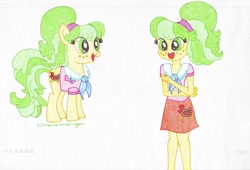 Size: 1600x1087 | Tagged: safe, artist:momo-malt-gern, derpibooru import, chickadee, ms. peachbottom, pony, equestria girls, equestria girls-ified, human ponidox, self ponidox, traditional art