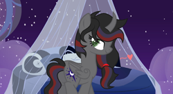 Size: 1064x584 | Tagged: safe, artist:theponygaming, derpibooru import, oc, oc:midnight moon (theponygaming), alicorn, pony, base used, bed, bedroom eyes, curved horn, female, floating heart, heart, mare, night, offspring, parent:king sombra, parent:princess luna, parents:lumbra, sky, solo