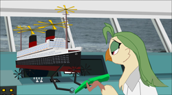 Size: 3410x1902 | Tagged: safe, artist:oceanrailroader, derpibooru import, captain celaeno, my little pony: the movie, amputee, broken, peg leg, prosthetic leg, prosthetic limb, prosthetics, ship, solo, story in the source, yacht