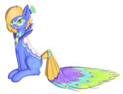 Size: 1024x786 | Tagged: safe, artist:cha-squared, derpibooru import, oc, oc:precious feather, original species, female, mare, peacock pony, simple background, sitting, solo, transparent background