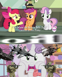 Size: 852x1052 | Tagged: safe, derpibooru import, edit, edited screencap, screencap, apple bloom, scootaloo, sweetie belle, for whom the sweetie belle toils, cutie mark crusaders, female, filly, meme, oil, usa invade for oil, wat