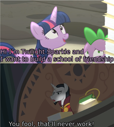 Size: 1277x1428 | Tagged: safe, derpibooru import, edit, edited screencap, screencap, chancellor neighsay, spike, twilight sparkle, twilight sparkle (alicorn), alicorn, dragon, school daze, screencap comic, some jerk with a camera