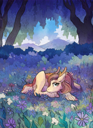 Size: 5104x7008 | Tagged: safe, artist:nettlebeast, derpibooru import, oc, deer pony, original species, absurd resolution, flower, flower in hair, forest, solo, unshorn fetlocks