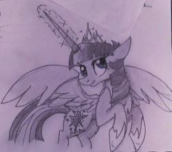 Size: 1024x904 | Tagged: safe, artist:jinxedwolfxd, derpibooru import, twilight sparkle, twilight sparkle (alicorn), alicorn, long horn, monochrome, solo