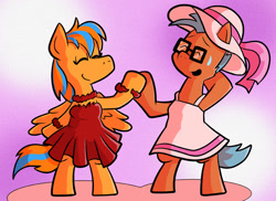 Size: 792x576 | Tagged: safe, artist:pembroke, derpibooru import, oc, oc:cold front, oc:rillian, anthro, pegasus, bipedal, clothes, crossdressing, dancing, dress, eyelashes, eyes closed, glasses, hat, heart, neckband, open mouth, sash, shadow, smiling, sweat, tail, wristband