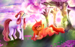 Size: 1825x1152 | Tagged: safe, artist:huayan, derpibooru import, oc, butterfly, earth pony, pony, unicorn, book, cherry tree, jewelry, necklace, spring, tree