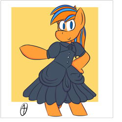 Size: 1280x1280 | Tagged: safe, artist:shoobaofhooba, derpibooru import, oc, oc:cold front, pegasus, pony, bipedal, clothes, crossdressing, dress, grin, hand on hip, looking at you, signature, smiling, solo