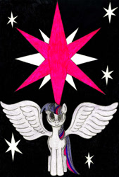 Size: 740x1092 | Tagged: safe, artist:mfg637, derpibooru import, twilight sparkle, twilight sparkle (alicorn), alicorn, cutie mark, solo, spread wings, stars, traditional art, wings