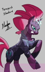 Size: 600x954 | Tagged: safe, artist:blaudjinninfinite, derpibooru import, tempest shadow, my little pony: the movie, broken horn, eye scar, rearing, scar, solo, sparking horn