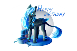 Size: 1386x907 | Tagged: safe, artist:huayan, derpibooru import, oc, pegasus, pony, gift art, happy birthday, heterochromia, leonine tail, present, simple background, solo, transparent background