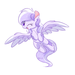 Size: 500x500 | Tagged: safe, artist:kaleidoskopic, derpibooru import, oc, oc only, oc:starstorm slumber, pegasus, pony, female, flying, leg fluff, looking at you, mare, one eye closed, open mouth, simple background, solo, transparent background