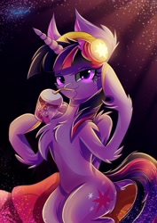 Size: 2435x3444 | Tagged: safe, artist:alexbluebird, derpibooru import, twilight sparkle, twilight sparkle (alicorn), alicorn, pony, bipedal, blushing, cushion, drink, drinking, female, fluffy, headphones, horn, looking at you, mare, sitting, smiling, solo, straw, wings