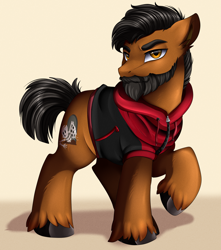 Size: 3405x3856 | Tagged: safe, artist:pridark, derpibooru import, oc, oc only, pony, beard, black mane, brown coat, cloths, commission, facial hair, golden eyes, looking at you, male, solo, stallion, unshorn fetlocks