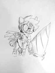 Size: 1440x1920 | Tagged: safe, artist:tjpones, derpibooru import, oc, oc only, oc:tjpones, earth pony, pony, artificial wings, augmented, buck legacy, clothes, drill, goggles, grayscale, headset, lineart, male, mechanical wing, monochrome, sketch, solo, stallion, traditional art, wings