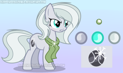 Size: 1024x611 | Tagged: safe, artist:sleppchocolatemlp, derpibooru import, oc, oc:lemon diamond pie, earth pony, pony, clothes, female, mare, parent:double diamond, parent:limestone pie, parents:limediamond, reference sheet, scarf, solo