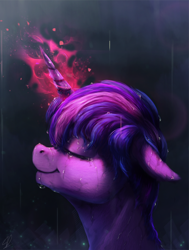 Size: 1390x1838 | Tagged: safe, artist:moondreamer16, derpibooru import, twilight sparkle, pony, crying, eyes closed, glowing horn, happy, magic, rain, smiling, solo