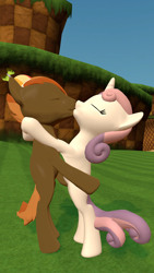 Size: 1080x1920 | Tagged: safe, artist:viranimation, derpibooru import, button mash, sweetie belle, 3d, bipedal, crossover, eyes closed, female, green hill zone, kissing, male, shipping, sonic the hedgehog (series), straight, sweetiemash