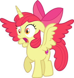 Size: 3778x3959 | Tagged: safe, artist:frownfactory, artist:parclytaxel, derpibooru import, apple bloom, alicorn, .svg available, alicornified, apple bloom's bow, bloomicorn, bow, cutie mark, female, filly, hair bow, horn, open mouth, race swap, simple background, solo, startled, svg, transparent background, two toned wings, vector, wings