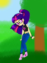 Size: 1944x2592 | Tagged: safe, artist:galaxiedream, derpibooru import, sci-twi, twilight sparkle, human, alternate costumes, alternate hairstyle, belly button, clothes, female, glasses, humanized, jeans, midriff, pants, shoes, solo, sun, tree, watch