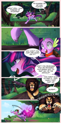 Size: 1600x3200 | Tagged: safe, artist:wilvarin-liadon, derpibooru import, spike, twilight sparkle, twilight sparkle (alicorn), alicorn, dragon, manticore, pony, comic:the curse of the elements, backpack, claws, clothes, comic, cutie mark, everfree forest, fangs, galloping, glowing horn, horn, magic, running, saddle bag, scarf, speech bubble, tree, wings