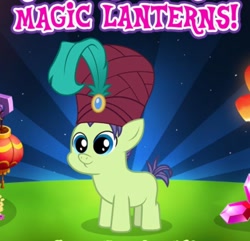 Size: 408x393 | Tagged: safe, derpibooru import, earth pony, pony, marks and recreation, colt, gameloft, magic lanterns, male, meme, solo, turban, wow! glimmer