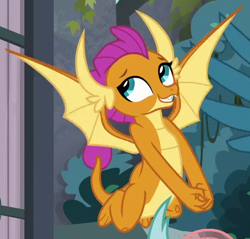 Size: 512x490 | Tagged: safe, derpibooru import, screencap, gallus, ocellus, smolder, dragon, school daze, cropped, cute, flying, grin, offscreen character, out of context, smiling, smolderbetes, solo focus, spread wings, wings