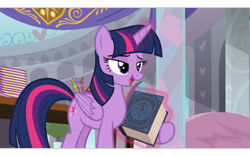 Size: 1280x800 | Tagged: safe, derpibooru import, screencap, twilight sparkle, twilight sparkle (alicorn), alicorn, season 8, spoiler:s08, book, lidded eyes, solo