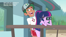 Size: 1920x1080 | Tagged: safe, derpibooru import, edit, editor:ma.no.m.ca, sci-twi, timber spruce, twilight sparkle, better together, equestria girls, binoculars, clothes, lifeguard timber, swimsuit