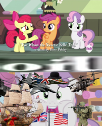 Size: 852x1052 | Tagged: safe, derpibooru import, edit, edited screencap, screencap, apple bloom, scootaloo, sweetie belle, for whom the sweetie belle toils, 18th century, british, cutie mark crusaders, flag, flintlock, meme, oil, oil for the queen, ship, usa invade for oil, wat