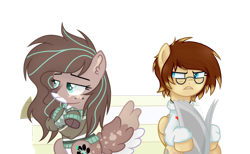 Size: 1024x630 | Tagged: safe, artist:mintoria, derpibooru import, oc, oc only, oc:bri, oc:mint, pegasus, pony, base used, clothes, female, glasses, mare, newspaper, simple background, sweater, transparent background