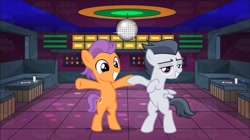 Size: 1451x815 | Tagged: safe, artist:frownfactory, artist:jawsandgumballfan24, artist:sollace, derpibooru import, edit, rumble, tender taps, earth pony, pegasus, pony, bipedal, colt, dancing, disco ball, gay, male, rumbletaps, shipping, smiling