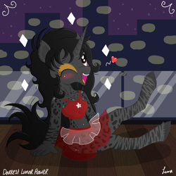 Size: 3445x3445 | Tagged: safe, artist:darkest-lunar-flower, derpibooru import, oc, oc:neysa, unicorn, blushing, city, cityscape, clothes, cloven hooves, cute, pinup, see-through, see-through skirt, spots