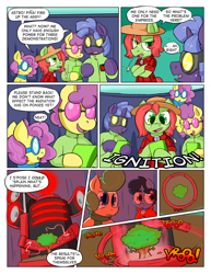 Size: 1280x1656 | Tagged: safe, artist:zanezandell, derpibooru import, oc, oc only, oc:cortland apple, oc:krabby, oc:sugarbolt, oc:truffle mint, earth pony, pegasus, pony, unicorn, comic:cmcnext, awestruck, bipedal, cape, clothes, cmcnext, colt, comic, electricity, female, filly, glow, goggles, hat, in awe, machine, magical lesbian spawn, male, next generation, offspring, parent:bon bon, parent:lyra heartstrings, parents:lyrabon, plaid shirt, plant, scarf, science, shirt, stallion, tree, tumblr