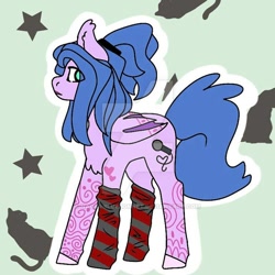 Size: 600x600 | Tagged: safe, artist:naomi-bluebonnet, derpibooru import, oc, oc only, oc:evelyn glasswater, bat pony, cat, pony, abstract background, bat pony oc, clothes, colored hooves, female, mare, microphone, ponytail, socks, solo, stars, striped socks, swirly markings, watermark