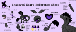 Size: 3683x1561 | Tagged: safe, artist:bloodedlove, derpibooru import, oc, oc:shadowed heart, pegasus, pony, classical pegasus, ear piercing, earring, female, horseshoes, jewelry, mare, mawshot, open mouth, piercing, purple background, reference sheet, simple background, solo, text, underhoof, unshorn fetlocks